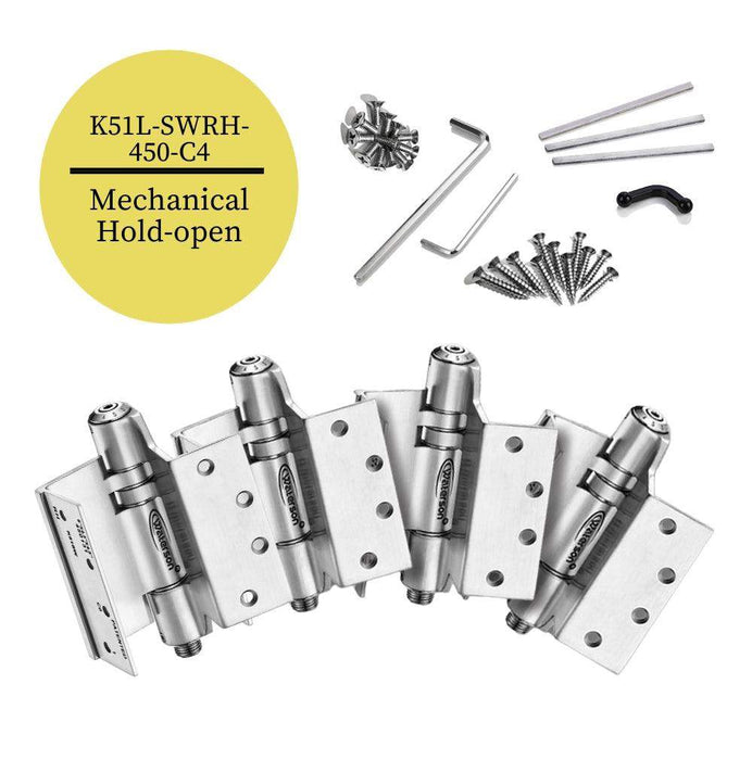 K51L-SWRH-450-C4 | Heavy Duty Mechanical Swing Clear Hinge with Hold Open | 4.5” x 4.5” | 8ft | 304 Stainless Steel | 4 Pack - Waterson Multi-function Closer Hinge