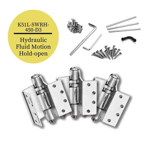 K51L-SWRH-450-D3 | Heavy Duty Hydraulic Hybrid Swing Clear Hinge with Hold Open | 4.5” x 4.5” | 304 Stainless Steel | 3 Pack - Waterson Multi-function Closer Hinge