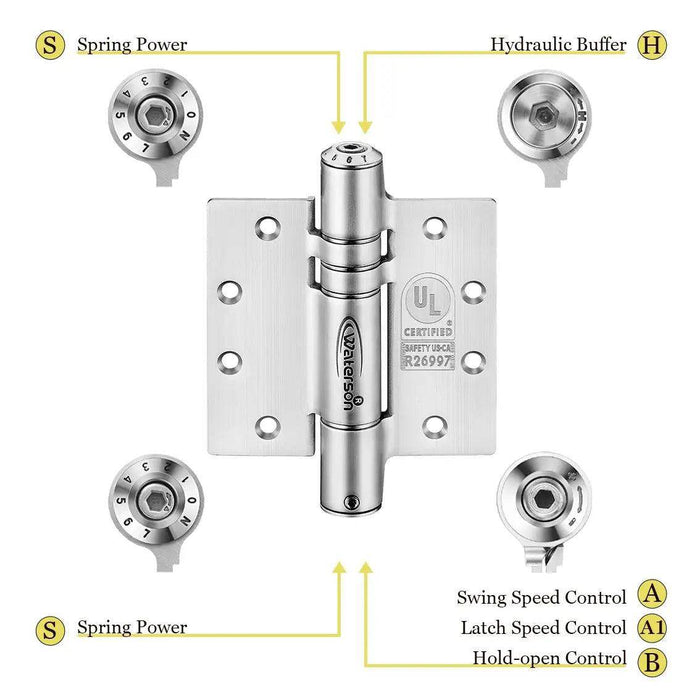 K51M-450-A3 | Mechanical Adjustable Gate Door Hinges | 4.5” x 4.5” | Fire-rated Stainless Steel | 3 Pack - Waterson Multi-function Closer Hinge