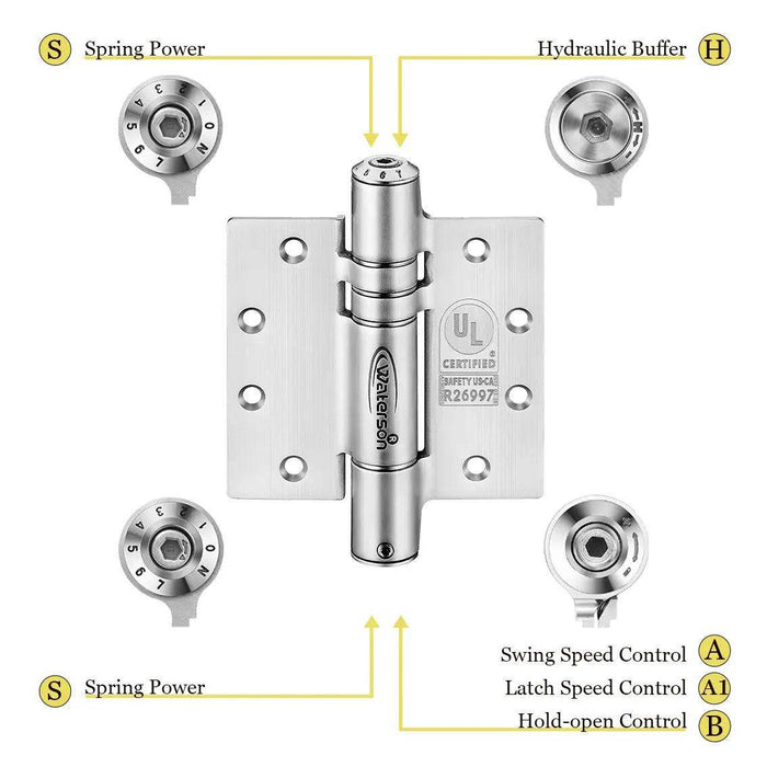 K51M-450-A2 | Mechanical Adjustable Gate Closer Hinges | 4.5” x 4.5” | Heavy Duty Stainless Steel | 2 Pack - Waterson Multi-function Closer Hinge