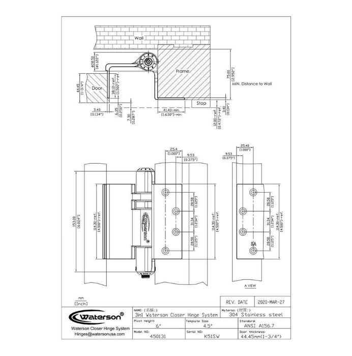 K51L-SWRH-450-B3 | Hydraulic Hybrid Swing Clear Hinge | 4.5” x 4.5” | Fire-rated Stainless Steel | 3 Pack - Waterson Multi-function Closer Hinge