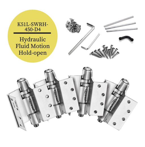 K51L-SWRH-450-D4 | Heavy Duty Hydraulic Hybrid Swing Clear Hinge with Hold Open | 4.5” x 4.5” | 8ft | 304 Stainless Steel | 4 Pack - Waterson Multi-function Closer Hinge