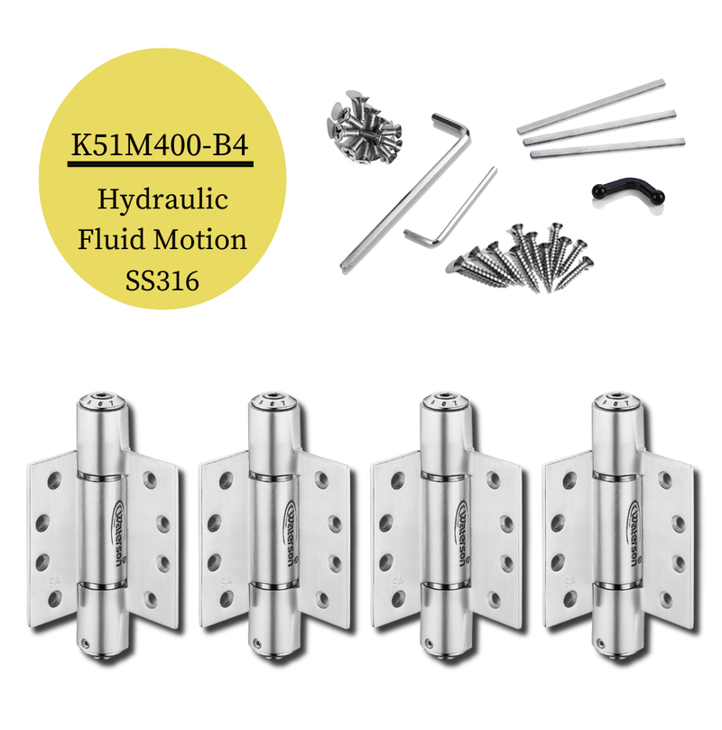4pcs 316 Stainless Door Hinges | Soft Closing | 4x4 | 8ft | 330 lbs | 1 3/4" Thick | SS316 | K51M-400-B4-316