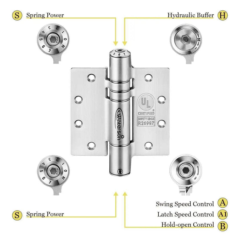 K51M-450-A3 | Mechanical Adjustable Gate Door Hinges | 4.5” x 4.5” | Fire-rated Stainless Steel | 3 Pack - Waterson Multi-function Closer Hinge