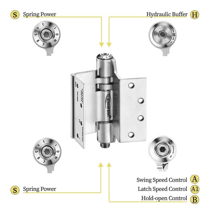 K51L-SWRH-450-C4 | Heavy Duty Mechanical Swing Clear Hinge with Hold Open | 4.5” x 4.5” | 8ft | 304 Stainless Steel | 4 Pack - Waterson Multi-function Closer Hinge