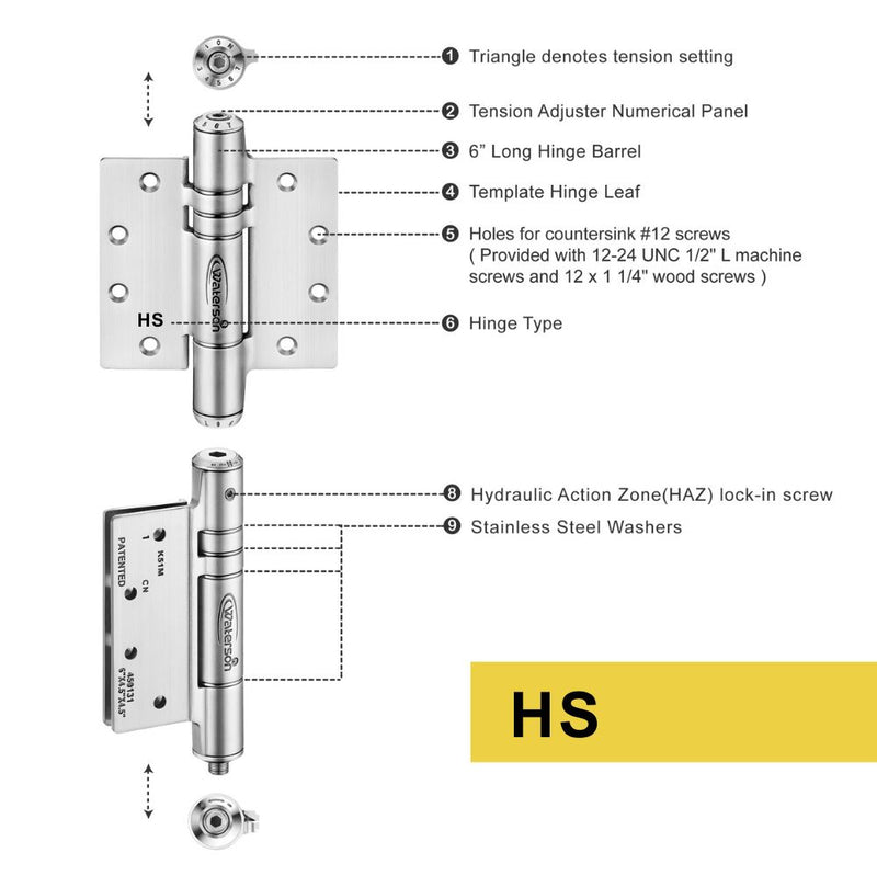 Waterson door hinge hydraulic soft closing spring tension satin stainless detail