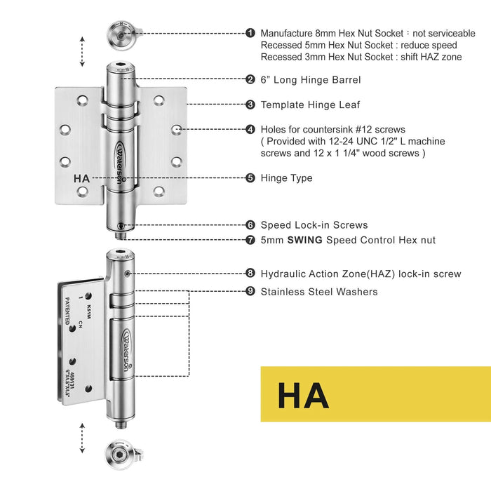 K51M-450-D4 | Heavy Duty Hydraulic Hybrid Self Closing Hinge with Hold Open | 4.5” x 4.5” | 8ft | 304 Stainless Steel | 4 Pack