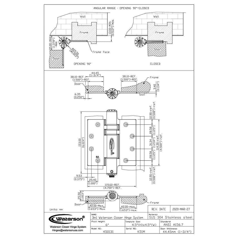 K51M-450-A2 | Mechanical Adjustable Gate Closer Hinges | 4.5” x 4.5” | Heavy Duty Stainless Steel | 2 Pack - Waterson Multi-function Closer Hinge