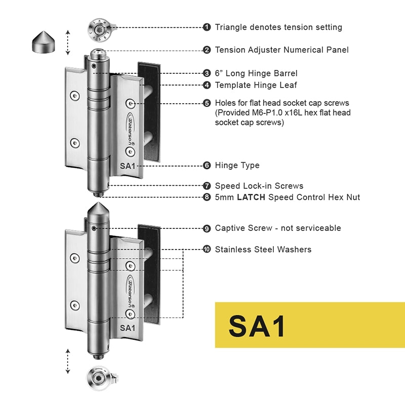 Waterson door hinge spring self-closing latch speed control satin antique detail