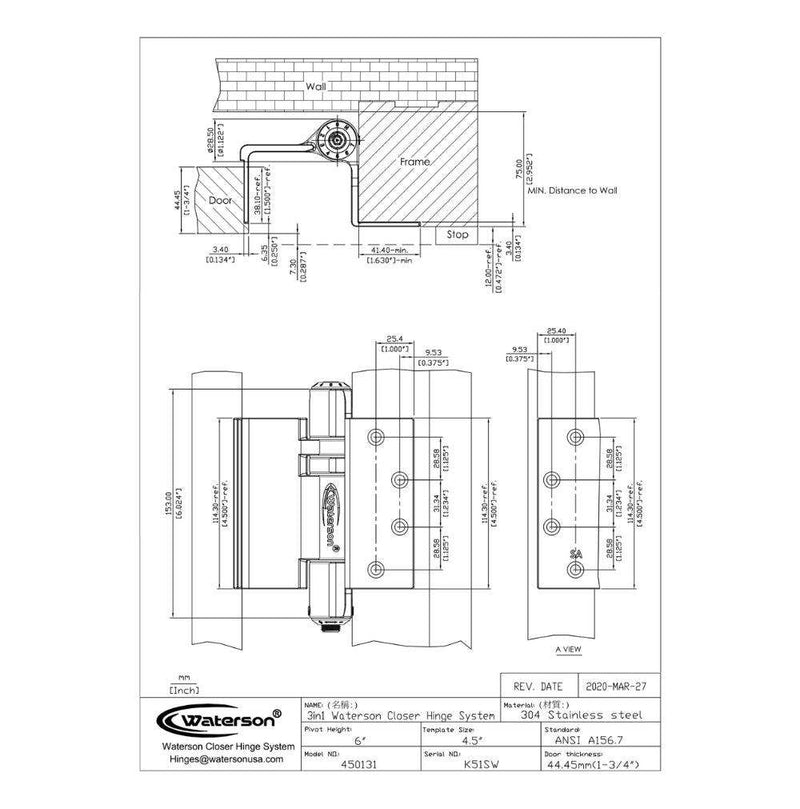 K51L-SWRH-450-A3 | Mechanical Adjustable Swing Clear Hinge | 4.5” x 4.5” | Fire-rated Stainless Steel | 3 Pack - Waterson Multi-function Closer Hinge