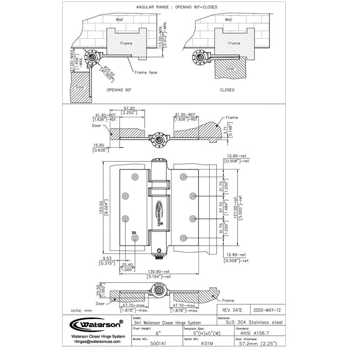 1pc Adjustable Soft Close Hinges | Heavy Duty | 5x5 | Single Hinge | SS304 | K51M-500D-HA