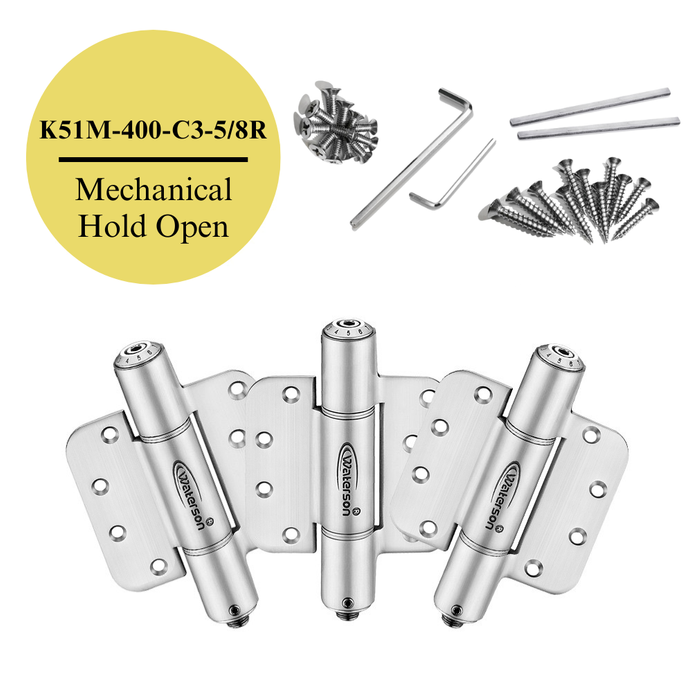 3pcs Hydraulic 4 Inch Spring Hinge 5/8 Radius | Hold Open | 4x4 | 7ft | 260 lbs | 1 3/8” - 1 3/4” Thick | SS304 | K51M-400-D3-58R