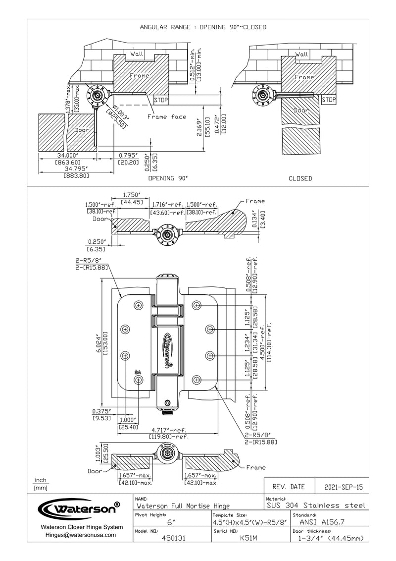 3pcs 1/4 Radius Door Hinge Soft Closing | Hold Open | 4x4 | 7ft | 260 lbs | 1 ⅜ or 1 ¾” Thick | SS304 | K51M-400-D3-14R