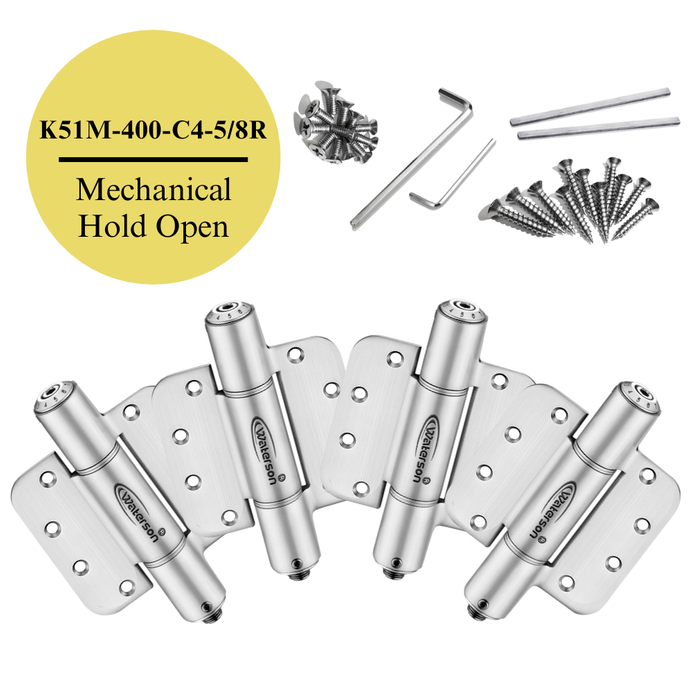 4pcs Self Closing 5/8 Radius Hinges | Mechanical | Hold Open | 4x4 | 8ft | 260 lbs | 1 3/8” - 1 3/4” Thick | SS304 | K51M-400-C4-58R