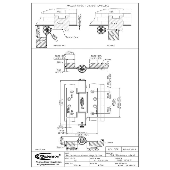 K51M-400-A3 | Mechanical Adjustable Self Closing Hinge | 4” x 4” | Heavy Duty Stainless Steel | 3 Pack - Waterson Multi-function Closer Hinge