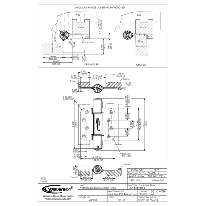 4pcs 5/8 Radius Corner Hinges | Mechanical | Fire Rated | 4x4 | 8ft | 330 lbs | 1 3/8” - 1 3/4” Thick | SS304 | K51M-400-A4-58R