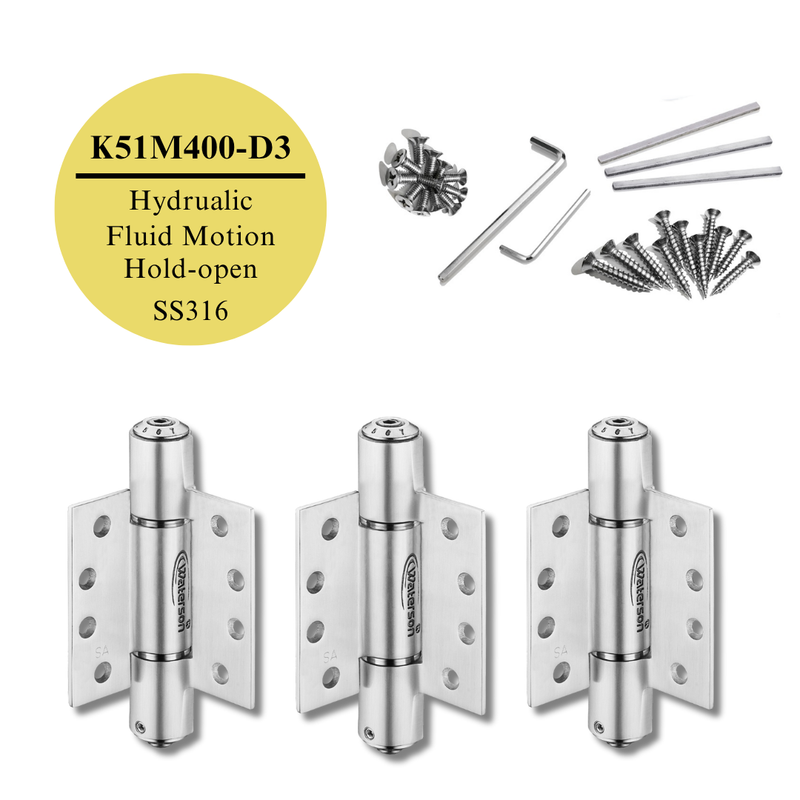 3pcs 316 Stainless Steel Exterior Door Hinges | Soft Closing Hold Open | 4x4 | 7ft | 260 lbs | 1 3/8" - 1 3/4" Thick | SS316 | K51M-400-D3-316