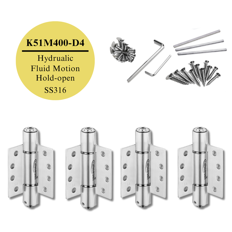 4pcs 316 Stainless Door Hinges | Soft Closing Hold Open | 4x4 | 8ft | 260 lbs | 1 3/4" Thick | SS316 | K51M-400-D4-316