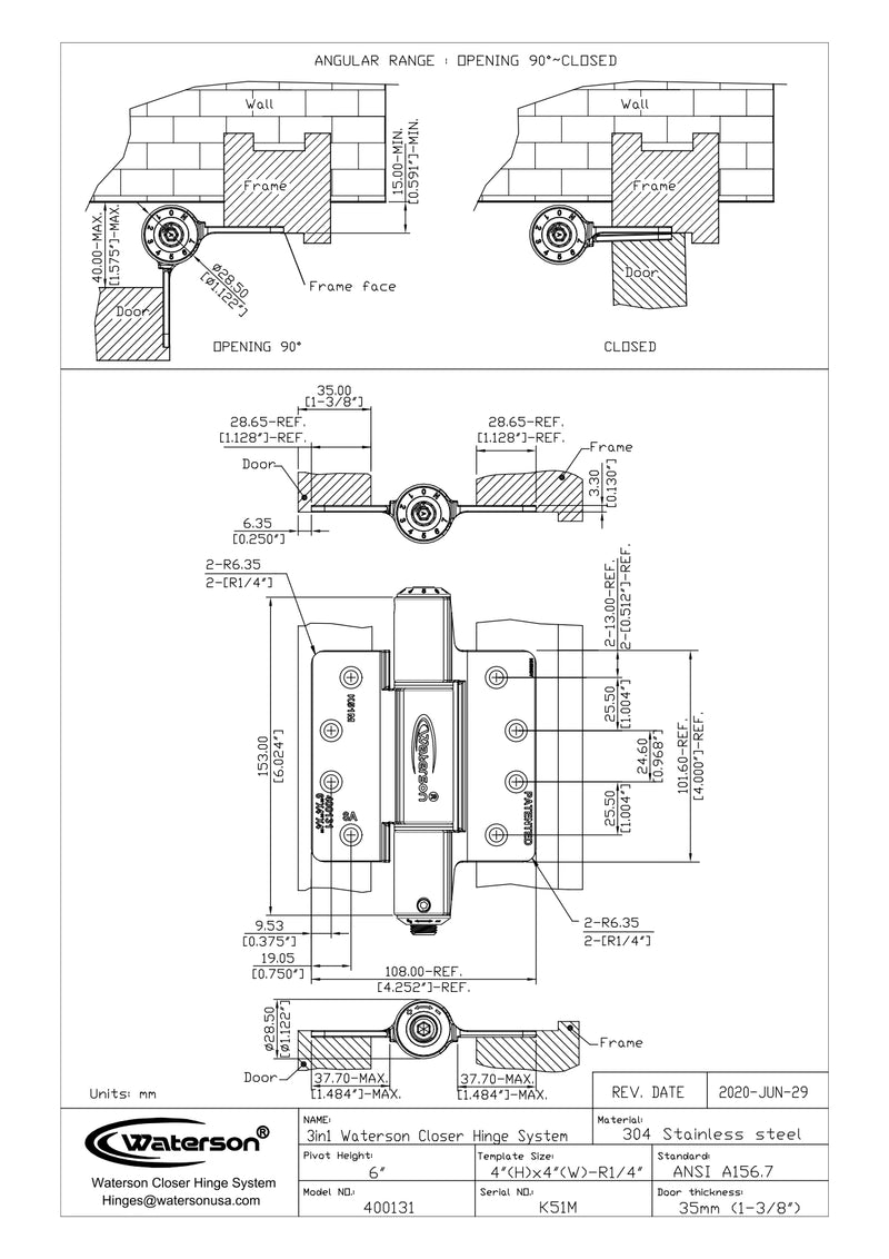 3pcs 1/4 Radius Door Hinge Self Closing | Hold Open | 4x4 | 7ft | 260 lbs | 1 ⅜ or 1 ¾” Thick | SS304 | K51M-400-C3-14R