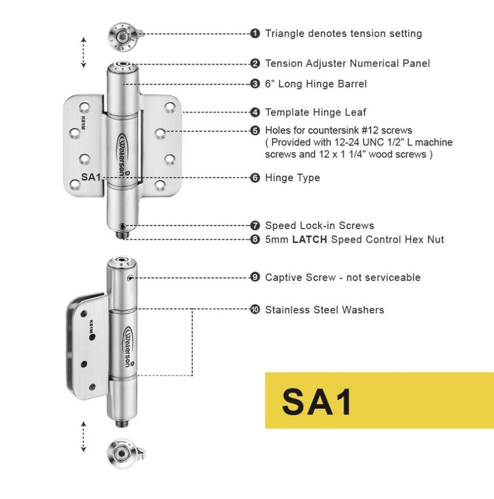 K51M-400-Residential-A2 | Mechanical Adjustable Self Closing Hinge | 4” x 4"| Garage Door Hinges | 2 Pack - Waterson Multi-function Closer Hinge