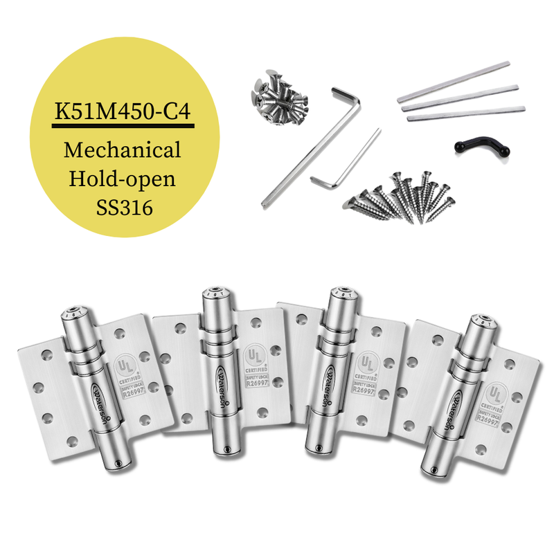 4pcs Heavy Duty Marine Door Hinges | Self Closing Hold Open | 4.5x4.5 | 8ft | 260 lbs | 1 3/4" Thick | SS316 | K51M-450-C4-316
