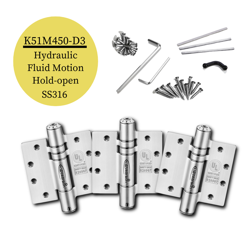 3pcs Marine Spring Door Hinges | Soft Closing Hold Open | 4x4 | 7ft | 260 lbs | 1 3/4" Thick | SS316 | K51M-450-D3-316