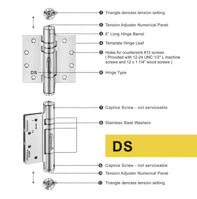 K51M-450-D4 | Heavy Duty Hydraulic Hybrid Self Closing Hinge with Hold Open | 4.5” x 4.5” | 8ft | 304 Stainless Steel | 4 Pack - Waterson Multi-function Closer Hinge