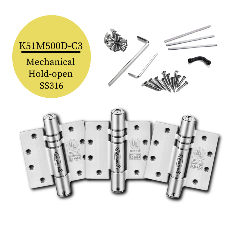3pcs Marine Grade Self Closing Hinges | Self Closing Hold Open | 5x5 | 7ft | 260 lbs | 1 3/4" - 2 1/4" Thick | SS316 | K51M-500D-C3-316