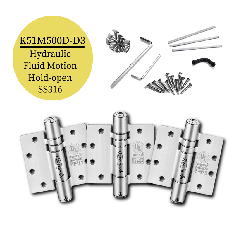 3pcs Marine Grade Self Closing Hinges | Soft Closing Hold Open | 5x5 | 7ft | 260 lbs | 1 3/4" - 2 1/4" Thick | SS316 | K51M-500D-D3-316