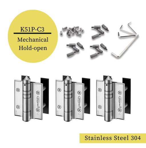 K51P-C3 | Adjustable Heavy Duty Gate Hinges Mechanical Self-Closing | Stainless Steel 304 - Full Surface | 3 Pack - Waterson Multi-function Closer Hinge