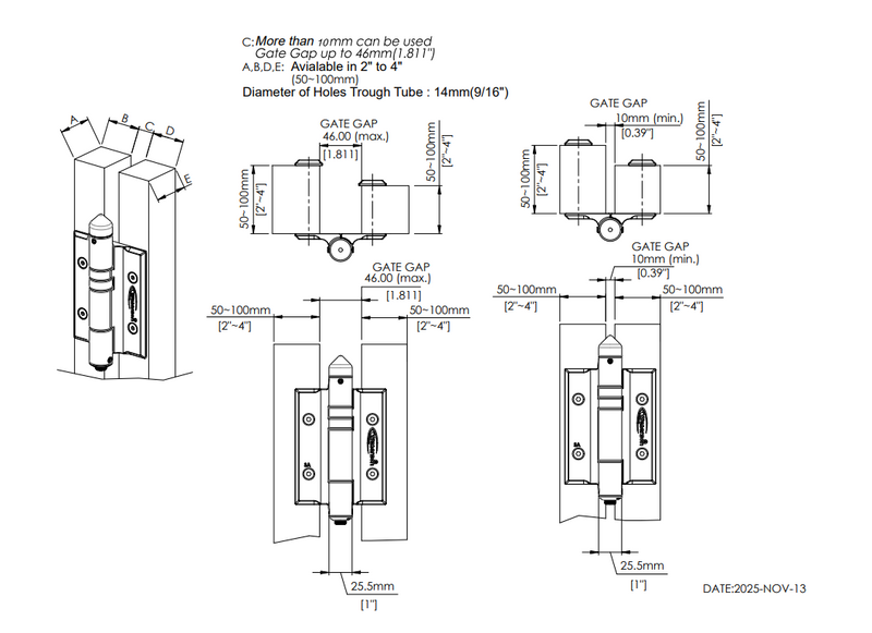 3pcs Heavy Duty Marine Full Surface Gate Hinges | Mechanical Self Closing | Weldable | 7ft | 260 lbs | 1" to 4" Thick | SS316 | K51PS-A3-316