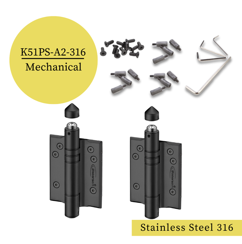 2pcs Marine Full Surface Gate Hinges | Mechanical Self Closing | Weldable | 6ft | 150 lbs | 1" to 4" Thick | SS316 | K51PS-A2-316