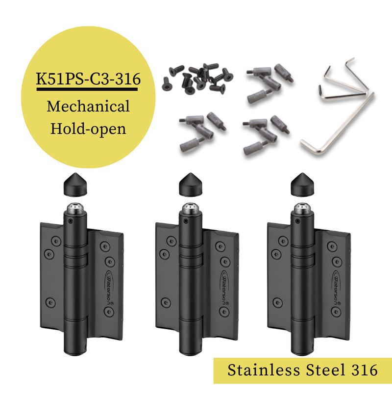3pcs Stainless Marine Full Surface Gate Hinges | Mechanical Self Closing | Hold Open | Weldable | 7ft | 260 lbs | 1" to 4" Thick | SS316 | K51PS-C3-316
