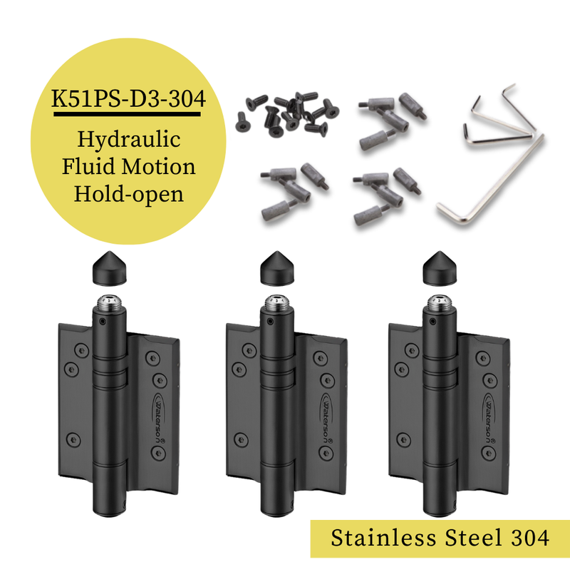 3pcs Full Surface Gate Hinges Heavy Duty | Hydraulic Soft Closing | Hold Open | Weldable | 7ft | 260 lbs | 1" to 4" Thick | SS304 | K51PS-D3