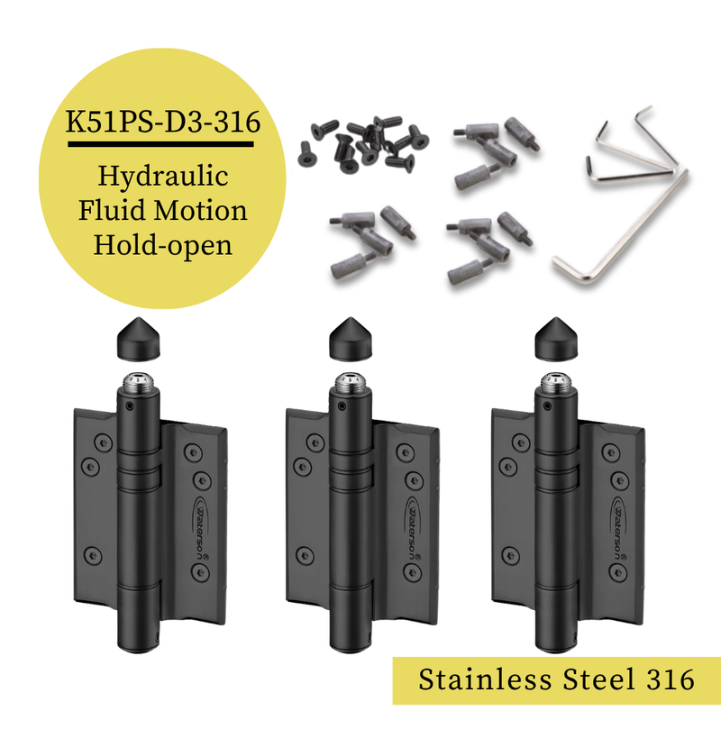 3pcs Marine Stainless Steel Full Surface Gate Hinges | Hydraulic Soft Closing | Hold Open | Weldable | 7ft | 260 lbs | 1" to 4" Thick | SS316 | K51PS-D3-316