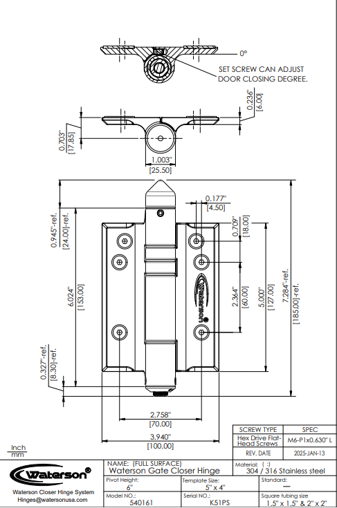 3pcs Heavy Duty Marine Full Surface Gate Hinges | Mechanical Self Closing | Weldable | 7ft | 260 lbs | 1" to 4" Thick | SS316 | K51PS-A3-316