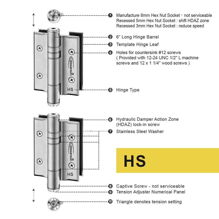 K51GG-B2 | Hydraulic Hybrid Glass Door Hinges |Stainless Steel - Glass to Glass | 2 Pack - Waterson Multi-function Closer Hinge