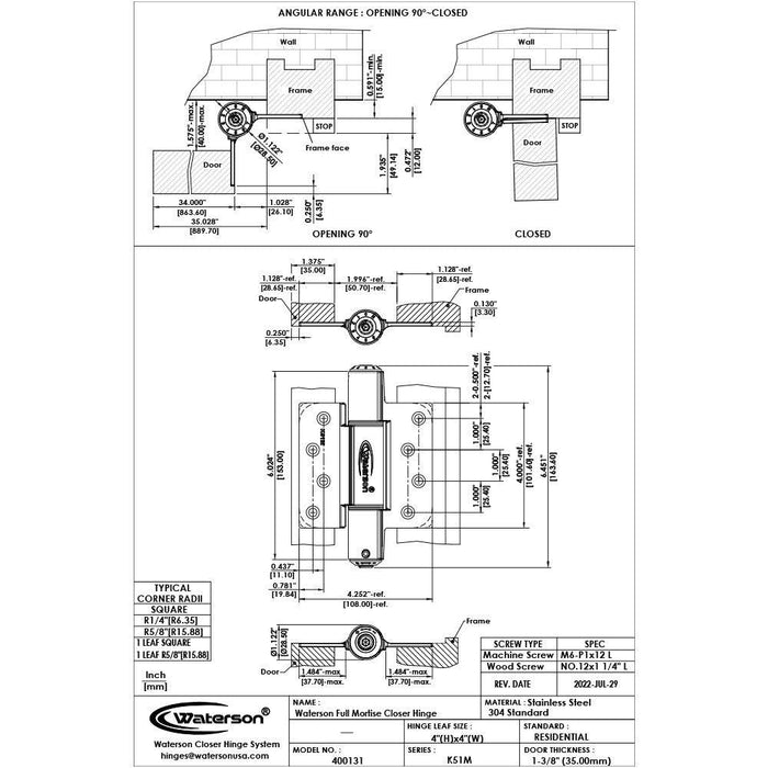 K51M-400-Residential-A2 | Mechanical Adjustable Self Closing Hinge | 4” x 4"| Garage Door Hinges | 2 Pack - Waterson Multi-function Closer Hinge