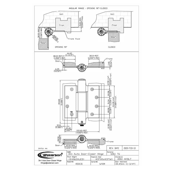 W41M-450-B2  | Hydraulic Hybrid Self Closing Hinge | 4.5” x 4.5”| Residential Half Door Aluminum Mortise hinge | 2 Pack