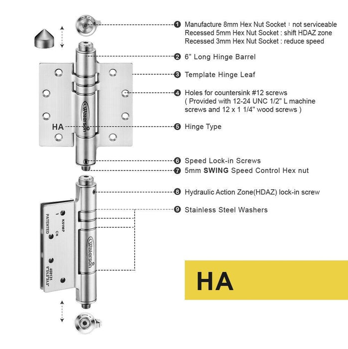K51MP-B2 | Adjustable Hydraulic Hybrid Gate Closer Hinges | Stainless Steel - Butt Hinge Type | 2 Pack