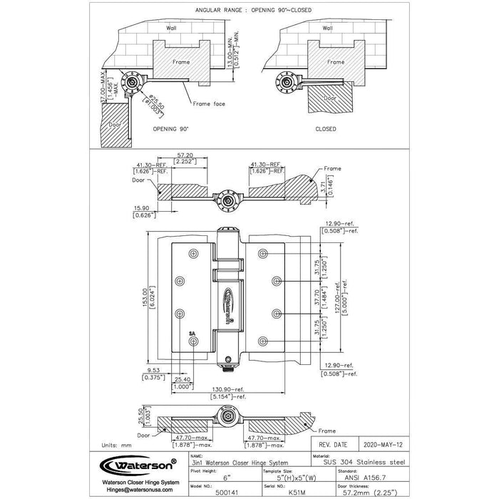 K51M-500D-D4 | Hydraulic Hybrid Self Closing Hinge with Hold Open | 5” x 5” | 8ft | 304 Stainless Steel | 4 Pack - Waterson Multi-function Closer Hinge