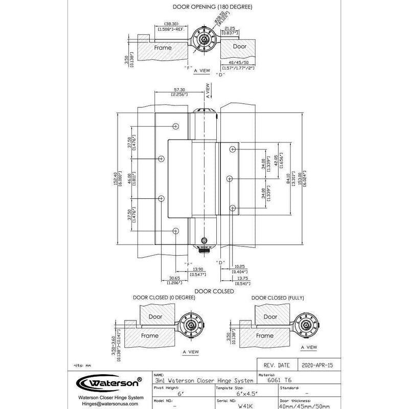 W41K-C3 | Mechanical Adjustable Interfold Self Closing Hinge | Residential Aluminum Hinge | 3 Packs - Waterson Multi-function Closer Hinge