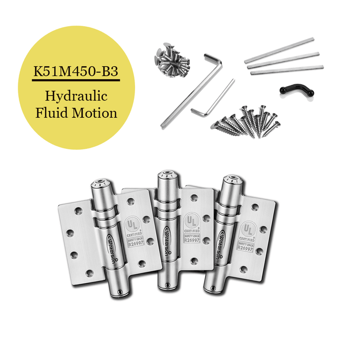 K51M-450-B3 | Hydraulic Hybrid Self Closing Hinge | 4.5” x 4.5” | Fire-rated Stainless Steel | 3 Pack - Waterson Multi-function Closer Hinge
