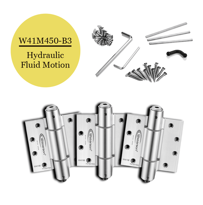 W41M-450-B3 | Hydraulic Hybrid Self Closing Hinge | 4.5” x 4.5”| Residential Aluminum Mortise hinge | 3 Pack - Waterson Multi-function Closer Hinge