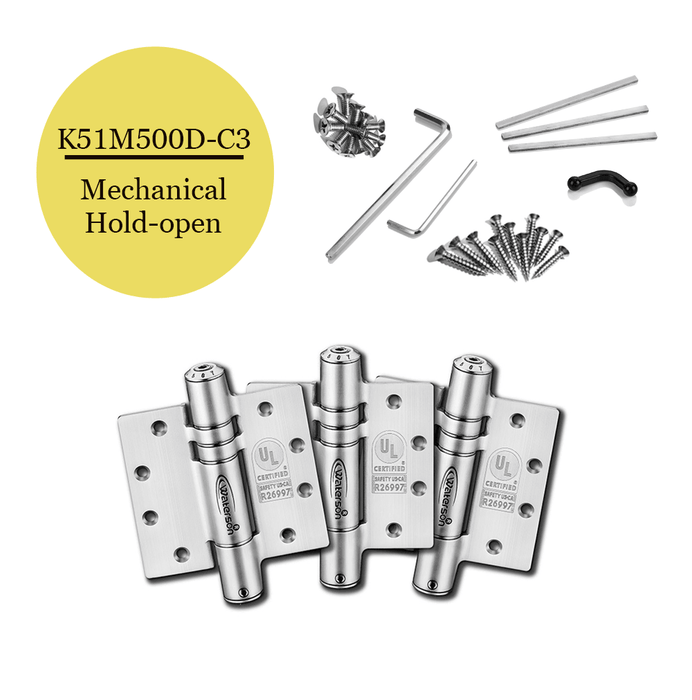 K51M-500D-C3 | Heavy Duty Mechanical Self Closing Hinge with Hold Open | 5” x 5” | 304 Stainless Steel | 3 Pack