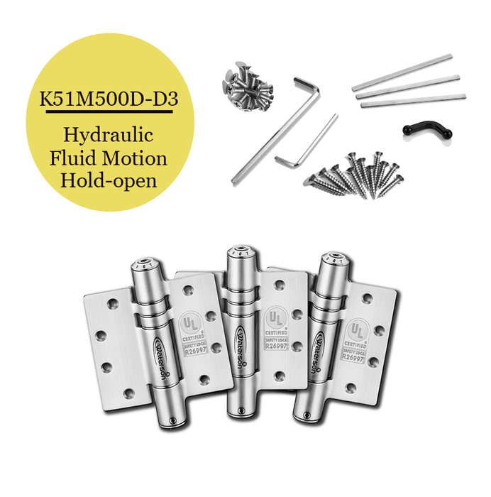 K51M-500D-D3 | Heavy Duty Hydraulic Hybrid Self Closing Hinge with Hold Open | 5” x 5” | Stainless Steel | 3 Pack - Waterson Multi-function Closer Hinge